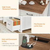 Vabches 47" Farmhouse Executive Desk with Monitor Stand & File Cabinet,3 Drawers Computer Desk with LED Lights and Power Outlets,Workstation for Home Office, Study,Writing.Unique White Vabches