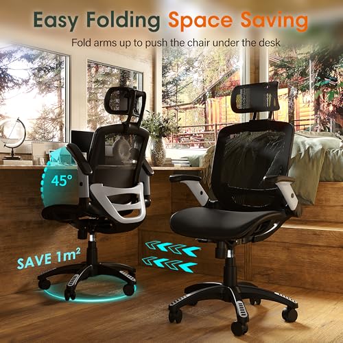 GABRYLLY Ergonomic Office Chair, High Back Home Desk Chair with Headrest, Flip-Up Arms, 90-120° Tilt Lock and Wide Cushion, Big and Tall Mesh Chairs for Man Woman, Black Task Chair GABRYLLY