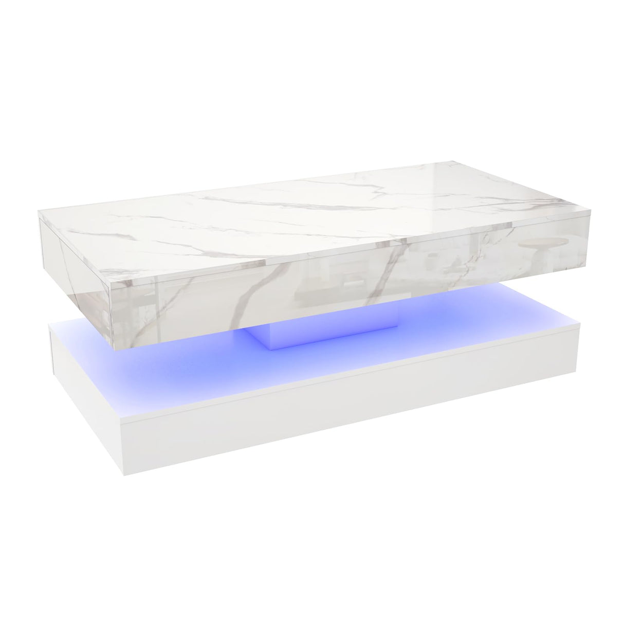 chartustriable 47inch Large High-Glossy LED Coffee Table with 2 Sliding Drawers, Living Room Storage Tables with Marbling Print, Modern Stylish Double-Layer Center Tables w/LED Lights, White chartustriable