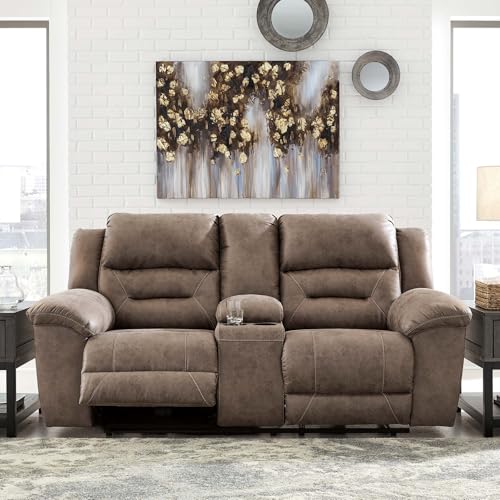 Signature Design by Ashley Stoneland Faux Leather Manual Double Reclining Loveseat with Center Console, Light Brown Signature Design by Ashley