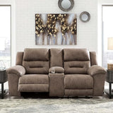 Signature Design by Ashley Stoneland Faux Leather Manual Double Reclining Loveseat with Center Console, Light Brown Signature Design by Ashley