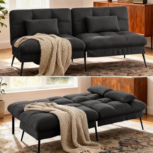COMHOMA Convertible Futon Sofa Bed, 72″Fabric Futons Couch with Adjustable Backrest, Folding Sleeper Recliner for Living Room Furniture (Black) COMHOMA