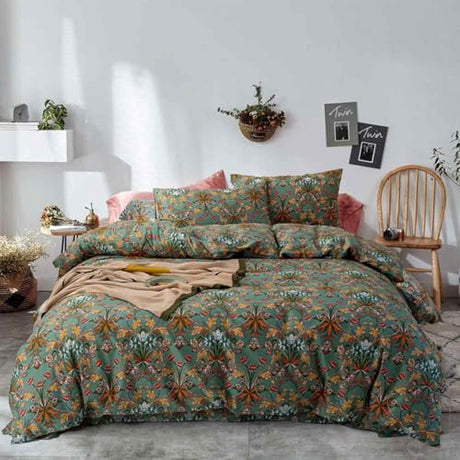 Faincy Bohemian Duvet Cover King Size - Boho Paisley Green Floral Pattern Printed Microfiber Comforter Cover Set - 3PC 90 X 104 Soft and Lightweight Quilt Cover, Retro Farmhouse Style for Women Men Faincy