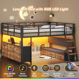 Dnxao Full Size Low Loft Bed with Desk,Full Size Bed Frame with 9 Storage Drawers, Kids Loft Bed with 15.8" H Safety Guardrail,Sofa,LED Lights & Charging Station,No Box Spring Needed,Rustic Brown Dnxao