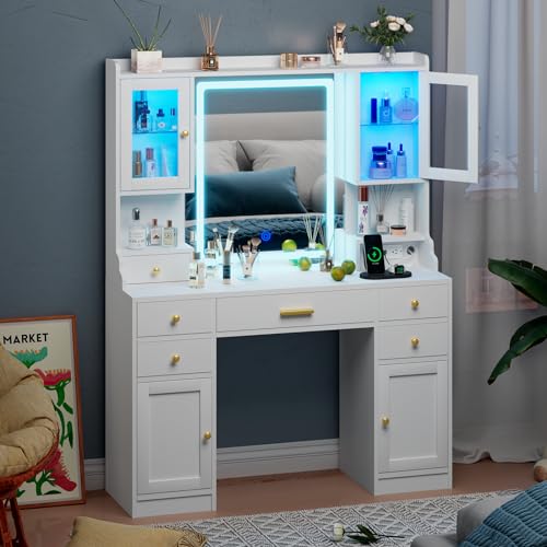 White Vanity Desk with Mirror, Lights and Charging Station - Large Makeup Table Set with RGB Cabinets and 3 LED Light Modes - WoodArtSupply