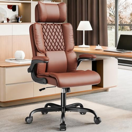 Sytas Executive Office Ergonomic Chair with Adjustable Headrest, PU Leather Desk Chair, High-Back Swivel Task Chair for Home Office, 135° Reclining, Brown Sytas