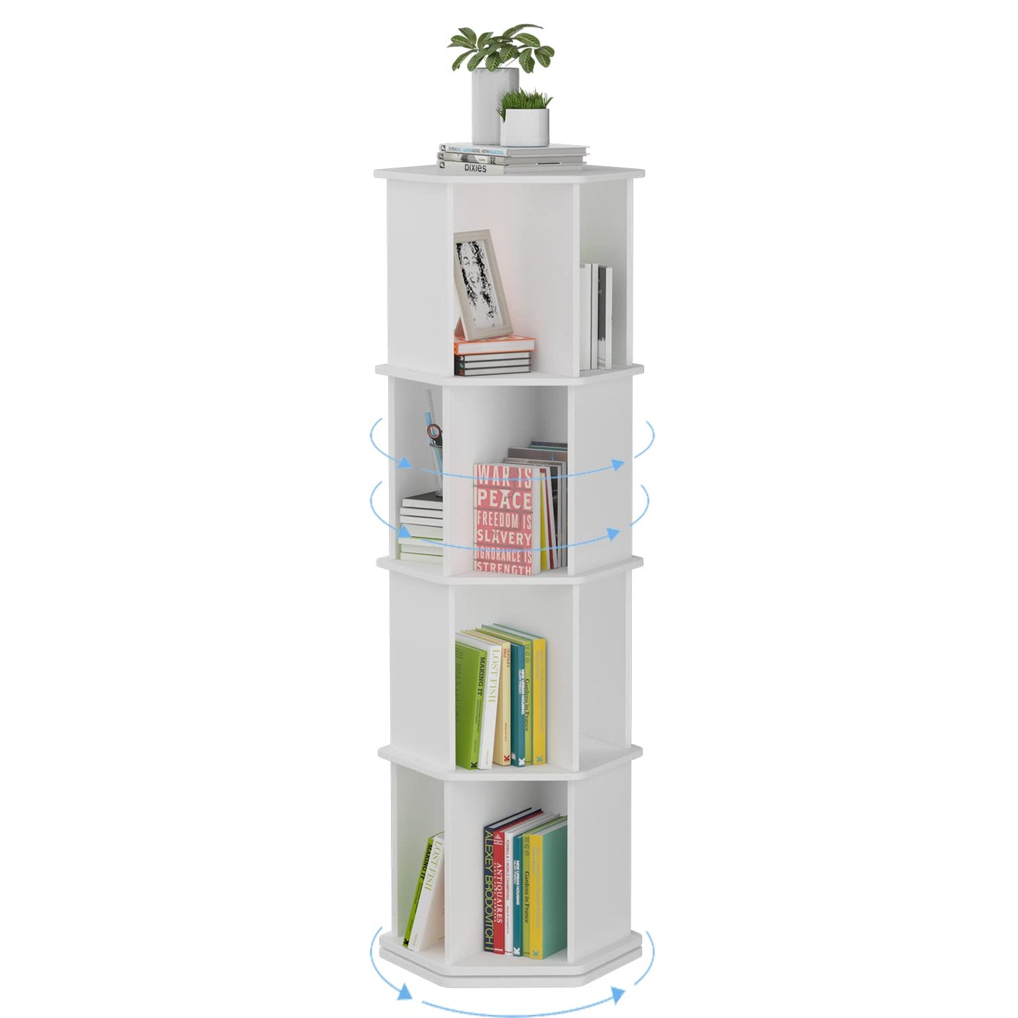 Tonchean 4-Tier White Rotating Bookshelf – 360° Spinning Floor Stand Bookcase for Living Room & Bedroom - WoodArtSupply