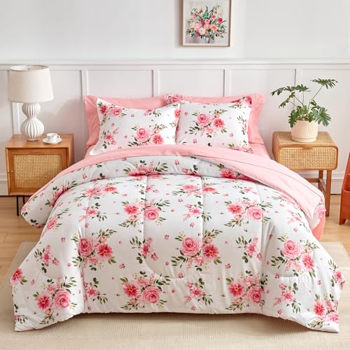 Flower Comforter Sheet Set White Bed in a Bag 6 Pieces Twin Size Dark Pink Floral Microfiber Bedding Set (1 Comforter 2 Pillow Shams 1 Pink Flat Sheet 1 Fitted Sheet 1 Pillowcases) UOZZI BEDDING