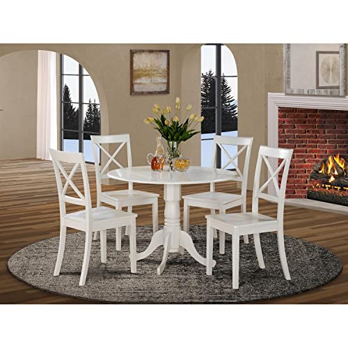 East West Furniture DLBO5-WHI-W 5 Piece Kitchen Table Set for 4 Includes a Round Dining Room Table with Dropleaf and 4 Solid Wood Seat Chairs, 42x42 Inch, Linen White - WoodArtSupply