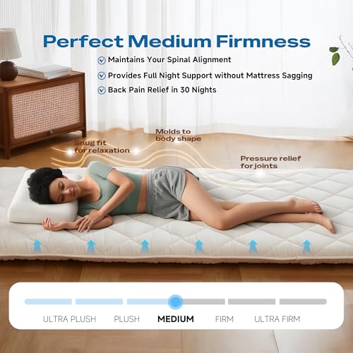 Aircliff Japanese Floor Futon Mattress, Tatami Mat Sleeping Pad, Shikibuton, Mattress Topper, Boys Girls Roll Up Dormitory Mattress, Foldable & Portable Floor Lounger Bed, Guest Bed (Cream, Twin) Aircliff