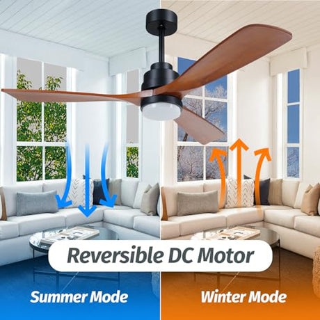 ALUOCYI Wood Ceiling Fan with Light,Energy Saving,Ultra-Quiet DC Motor,3 Blades,6 Speed,Outdoor/Indoor Ceiling Fan for Patio,Deck,Porch,Bedroom,Living Room,Brown Walnut and Black ALUOCYI