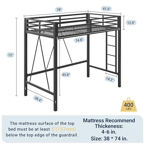 Allewie 72 Inches Tall Loft Bed Twin Size with Ladder and Safety Guardrail for Teens and Adults, Heavy Duty Metal Single Loft Bed for Small Space, Noise Free, Black Allewie