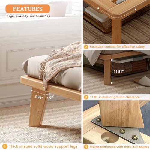 NELYE Full Platform Bed Base - 14 Inch Solid Wood Mattress Foundation with Support Slats and Legs, Full-Size Rubberwood Simple Bed Frame NELYE