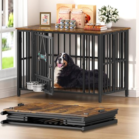 Easycom Dog Crate Furniture Foldable, No Assembly Decorative Dog Kennel Indoor, Dog Crates for Large Dogs(35-60 lb), Wooden Dog Cage with Adjustable Bowls and Name Tag, End Table, Rustic Brown EasyCom