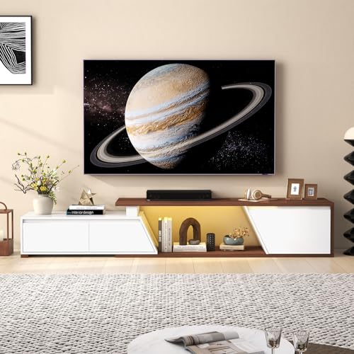 Verano Garden Extendable TV Stand with Led Lights, Wood TV Media Console with 2 Drawers & 1 Cabinet, Modern Entertainment Center Up to 90 Inch TV for Living Room Bedroom, 63" - 90.6" (White & Walnut) Verano Garden