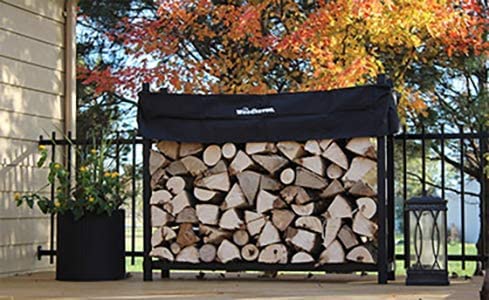Woodhaven 5 Foot Black - Made in the USA - 1/4 Cord Plus Firewood Storage Log Rack With Seasoning Cover Combo Set - Indoor Outdoor - Metal Firewood Rack - Heavy Duty Woodhaven