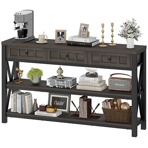 FATORRI Console Table with Storage for Entryway, Rustic Sofa Table with 3 Drawers for Living Room, Farmhouse Hallway Tables and Couch Tables Behind Sofa (54.72 Inch Long, Walnut Brown) FATORRI