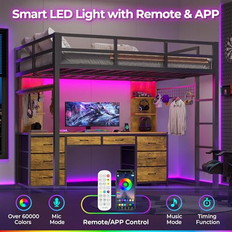 ADORNEVE Full Size Loft Bed with Desk and 8 Storage Drawers, Metal Loft Beds Full with LED Lights & Charging Sation, Heavy Duty Loft Bed Frame with 6 Storage Shelves, Space-Saving, Rustic Brown ADORNEVE