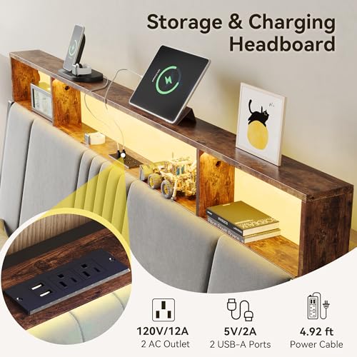 BedsPick Full Size Bed Frame with Ergonomic Headboard, Upholstered Metal Platform Bed Full with 2-Tier Storage, Charging Station, Smart LED Lights, Easy Assembly, No Box Spring Needed, Gray BedsPick