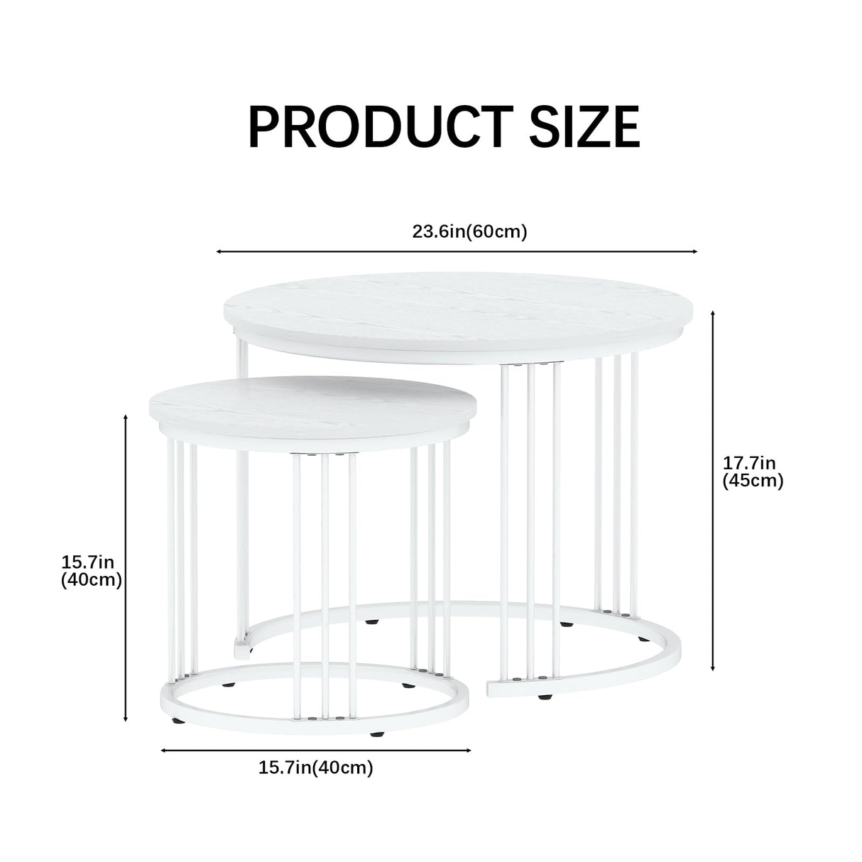 Garden 4 you Nesting Coffee Table, 23.6" Round Coffee Table Set of 2, Wooden Nesting Table with Metal Frame, Ceter Tables for Living Room Bedroom Balcony, White Garden 4 you