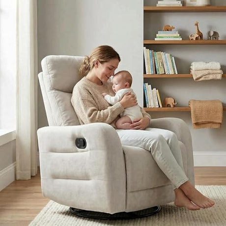 MAKOSAR 360° Swivel Glider Rocker Recliner Chair, Manual Reclining Sofa Chair with Side Pull Handle,Fabric Upholstered Lounge Chair for Living Room, Bedroom,Nursery,Office (Beige-Swivel) MAKOSAR