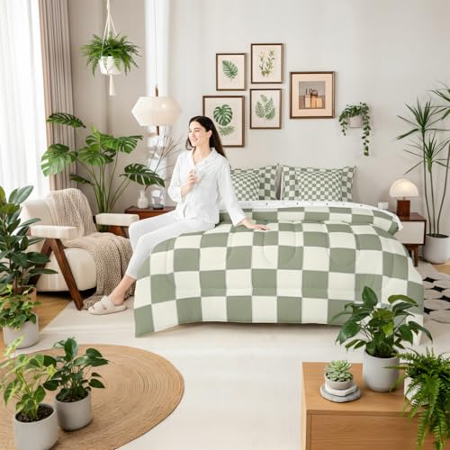 Erosebridal Plaid Full Comforter Set 7 Piece Beige Sage Green Checkerboard Bed in A Bag with Sheets Geometric Checkered Bedding Set for Kids Boys Girls,Aesthetic Grid Bed Set Erosebridal