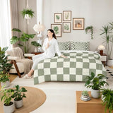 Erosebridal Plaid Full Comforter Set 7 Piece Beige Sage Green Checkerboard Bed in A Bag with Sheets Geometric Checkered Bedding Set for Kids Boys Girls,Aesthetic Grid Bed Set Erosebridal