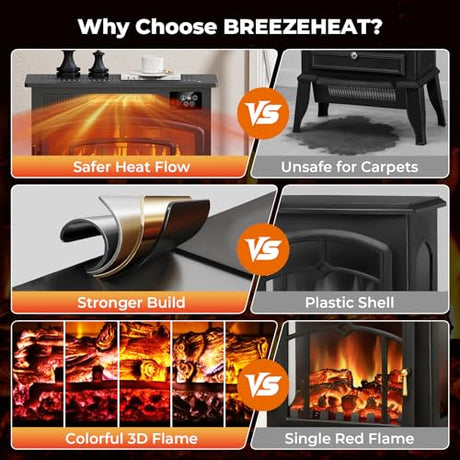 BREEZEHEAT Electric Fireplace Stove-Freestanding Fireplace Heater w/ 3D Flame, Thermostat, Remote, 1500W/750W Quiet Heating, Portable Fireplace for Indoor Use, Overheating Protection, Black, 23" Wide BREEZEHEAT