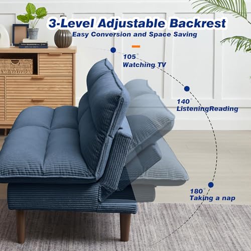 Chireca 72" Futon Sofa Bed, Convertible Futon Couch with Adjustable Backrest, Modern Corduroy Sleeper Sofa for Small Spaces, Living Room, Office, Blue Chireca