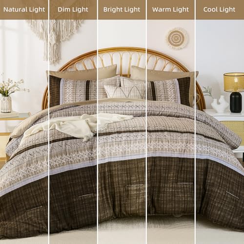 Dintszyayue Brown Comforter Set Queen Size, 8 Pieces Boho Striped Bed in a Bag Soft Microfiber Bedding Set for All Season Dintszyayue