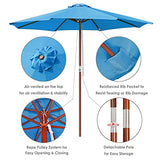 Yescom 9ft Wooden Outdoor Patio Blue Umbrella W/ Pulley Market Garden Yard Beach Deck Cafe Sunshade Yescom