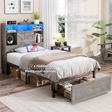 TIGUBFRE Twin Bed Frame with Storage Headboard, Farmhouse Wood Bed Frame Twin Size with 3 Drawers, LED Light & Charging Station, Metal Slats Support, Noise Free, No Box Spring Needed, Rustic Gray TIGUBFRE