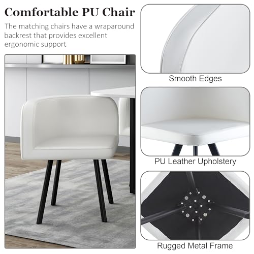 Square Dining Table Set for 4, 39" Small Conference Tables Set, Faux Marble Negotiation Table with Strong Metal Frame and 4 White PU Leather Upholstered Chairs, for Meeting Room, Office, Apartment AMHDDT