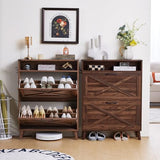 Joaxswe Shoe Storage Cabinet with 2 Flip Drawers, Farmhouse Shoes Organizer for Entryway, Narrow Hidden Shoe Rack with Legs & Open Storage, Freestanding Shoe Closet for Foyer, Hallway, Brown Walnut Joaxswe