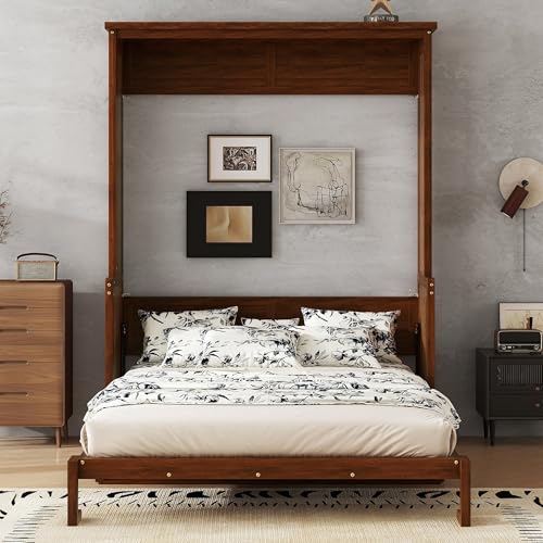 SOFTSEA Queen Size Murphy Bed with Desk, Wood Wall Bed with Gas Struts, Space Saving Foldable Murphy Bed for Small Spaces, Guest Room, Home Office (Walnut) SOFTSEA