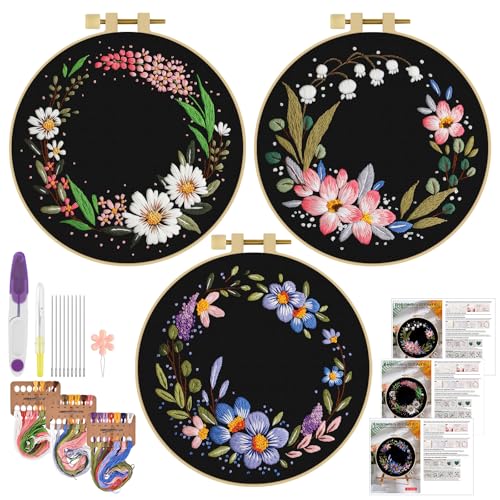 ERKOON 3 Sets Embroidery Kit, Floral Cross Stitch Set for Include Embroidery Cloth Hoops Threads for Craft Lover Hand Stitch (Garlands)