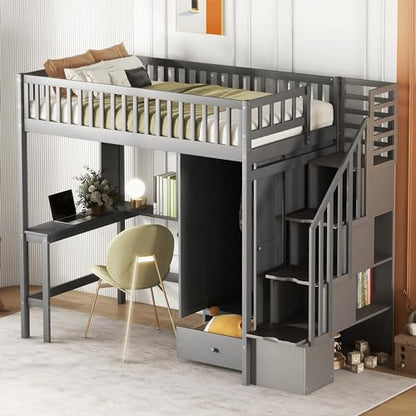 Twin Loft Bed with Storage, Desk, and Wardrobe by Harper & Bright Designs - Grey Solid Wood Frame - WoodArtSupply