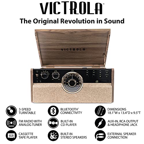 Victrola Empire Mid-Century 6-in-1 Turntable with 3 Speed Record Player, Bluetooth Connectivity, Radio, Cassette and CD Player (Farmhouse Walnut) Victrola