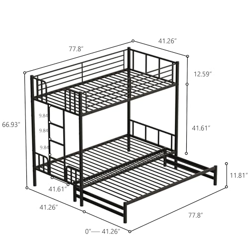 DNChuan Twin Over Twin to King Bunk Bed with Pop Up Trundle, Can Be Divided Into 2 Beds for Kids Boys Adults Girls, Metal Frame with Headboard and Footboard, Black DNChuan