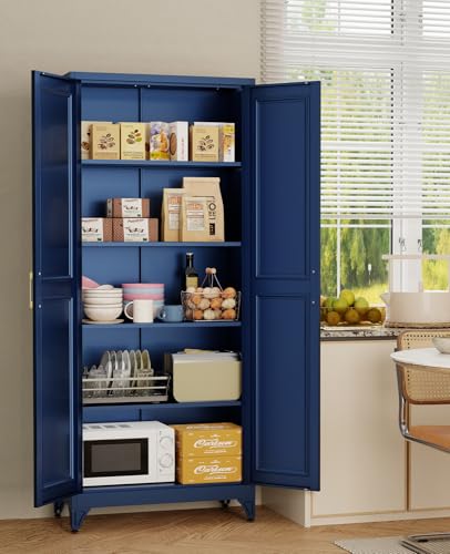 75" Tall Metal Storage Cabinet with 2 Doors and 4 Adjustable Shelves, Heavy Duty Steel Pantry Cabinet for Garage, Home Office, Kitchen and Laundry Room, Freestanding Utility Cupboard,Blue METALOONG