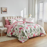 Shxime Floral Comforter Set 7 Pieces White with Green Leaves Pink Flowers Bed in a Bag King Size Reversible Bedding Set (1 Comforter 2 Pillow Shams 1 Flat Sheet 1 Fitted Sheet 2 Pillowcases) Shxime