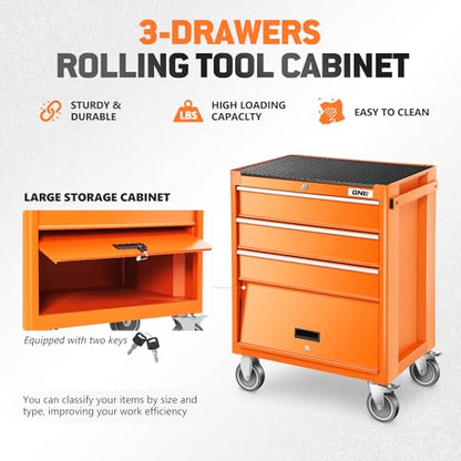 DNA MOTORING 3-Drawers Utility Rolling Tool Chest Cabinet with Wheels, Heavy Duty Industrial Service Cart Keyed Locking System, for Garage Warehouse Workshop, Orange, TOOLS-00400 - WoodArtSupply