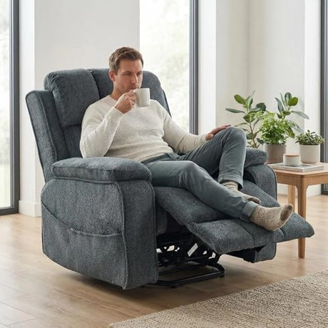 RHHVVR Oversized Lay Flat Recliner for Adults, Large Power Lift Recliner Chair with Extended Footrest, Electric Massage Living Room Sofa Chair, Side Storage Box Cup Holder, Blue Grey RHHVVR