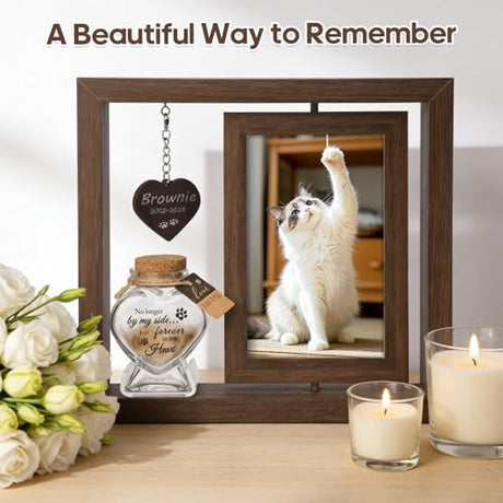 BluBrk Dog Memorial Gifts for Loss of Dog – Rotating Wooden 4x6 Picture Frame with Fur Keepsake Jar & Writable Name Card, Pet Remembrance Sympathy Gift for Dog & Cat Lovers (Brown) BluBrk