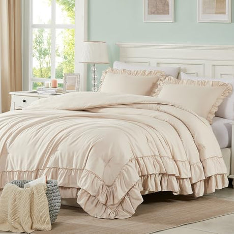 Cupocupa Beige Full Comforter Set, 3Pcs Ruffle Farmhouse Bedding Sets with Comforter & Pillowcases, Soft Shabby Chic Lightweight Fluffy Comforter Set for All Season Bedroom Decor (Beige, F) Cupocupa