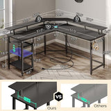 Rolanstar L Shaped Gaming Desk with LED Lights & Power Outlets, 53" Computer Desk with Full Monitor Stand & Storage Shelf, Corner Desk with Hooks, Carbon Fiber Desk Reversible Rolanstar