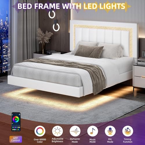 HOMBCK Floating Bed Frame Queen with Smart LED Lights, Faux Leather Upholstered Bed with Diamond PU Headboard, No Box Spring Needed, Noise-Free, Easy Assembly, White HOMBCK