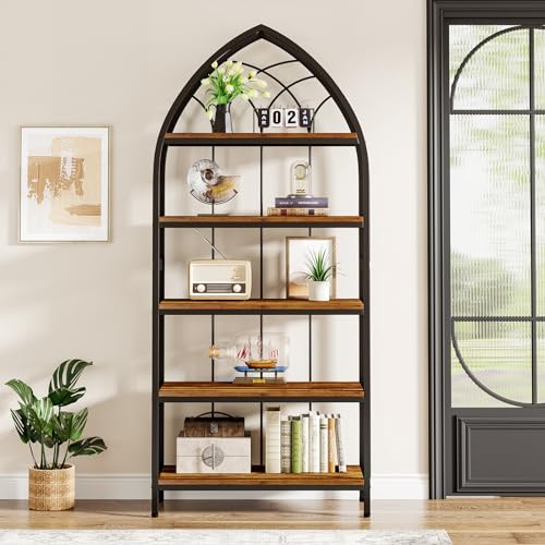 Tribesigns Rustic Brown & Black 74.8-Inch 5-Tier Industrial Curved Bookshelf Set of 2 - WoodArtSupply