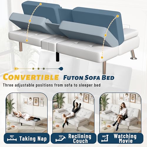 Furmax Futon Sofa Bed Adjustable Futon Couch Sleeper Sofa Bed for Living Room, Business Office, Recliner Sofas with Cup Holders (PU Leather, White) Furmax