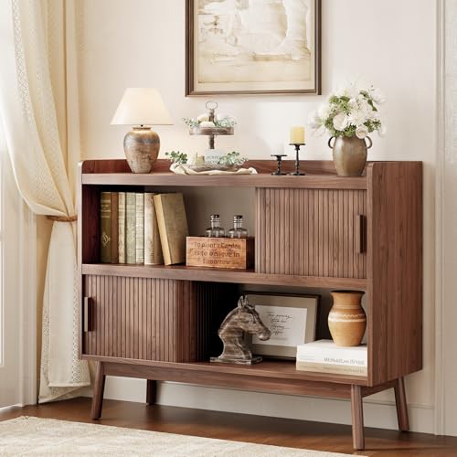 ONBRILL 44" Sideboard Buffet Cabinet with Outlet & 2 Open Storage Spaces, Fluted Sideboard Cabinet with Sliding Door & Adjustable Shelves, Mid-Century Accent Coffee Bar Console Table with Wooden Feet ONBRILL